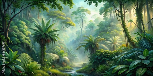 Lush rainforest ecosystem painted in delicate watercolor style, rainforest, ecosystem, green, foliage, lush, vibrant
