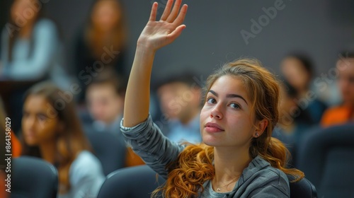 A woman with reddish hair raises her hand during a classroom session, exhibiting curiosity and eagerness in an educational environment, under a focused gaze.
