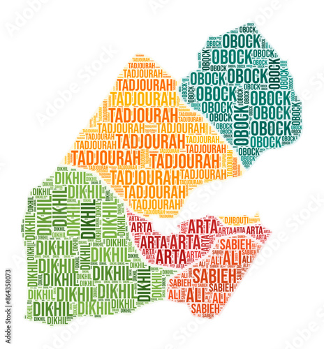 Djibouti region word cloud. Country shape design. Djibouti colored illustration. Region names collage cloud. Vector illustration.
