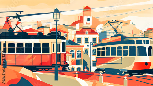 A travel vintage poster design of a urban city tram in the city Lisbon Portugal.
