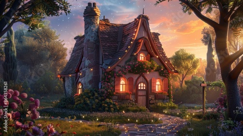 Wallpaper Mural Illustration of A whimsical house with a crooked chimney,  vibrant shutters,  and a twinkling garden path Torontodigital.ca