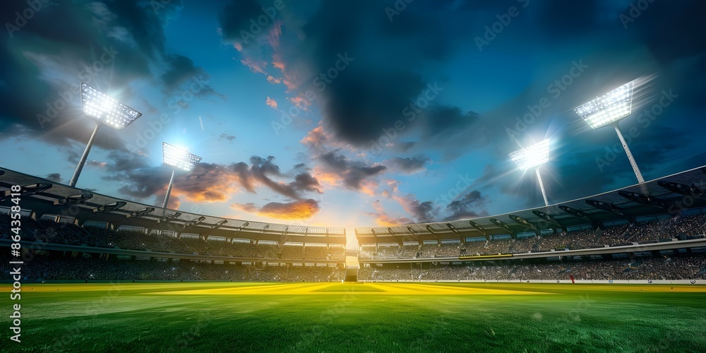 Vibrant cricket stadium illuminated at night during a World Cup match. Concept Cricket, Stadium, Night, World Cup, Illuminated Vibrant cricket stadium illuminated at night during a World Cup match. Concept Cricket, Stadium, Night, World Cup, Illuminated