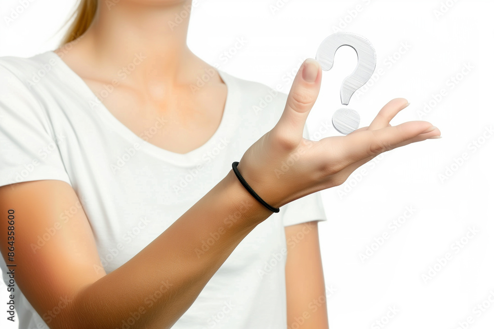 A woman is holding a white question mark in her hand. Concept of curiosity and uncertainty, as the woman is holding the question mark as if it were a symbol of an unanswered question A woman is holding a white question mark in her hand. Concept of curiosity and uncertainty, as the woman is holding the question mark as if it were a symbol of an unanswered question
