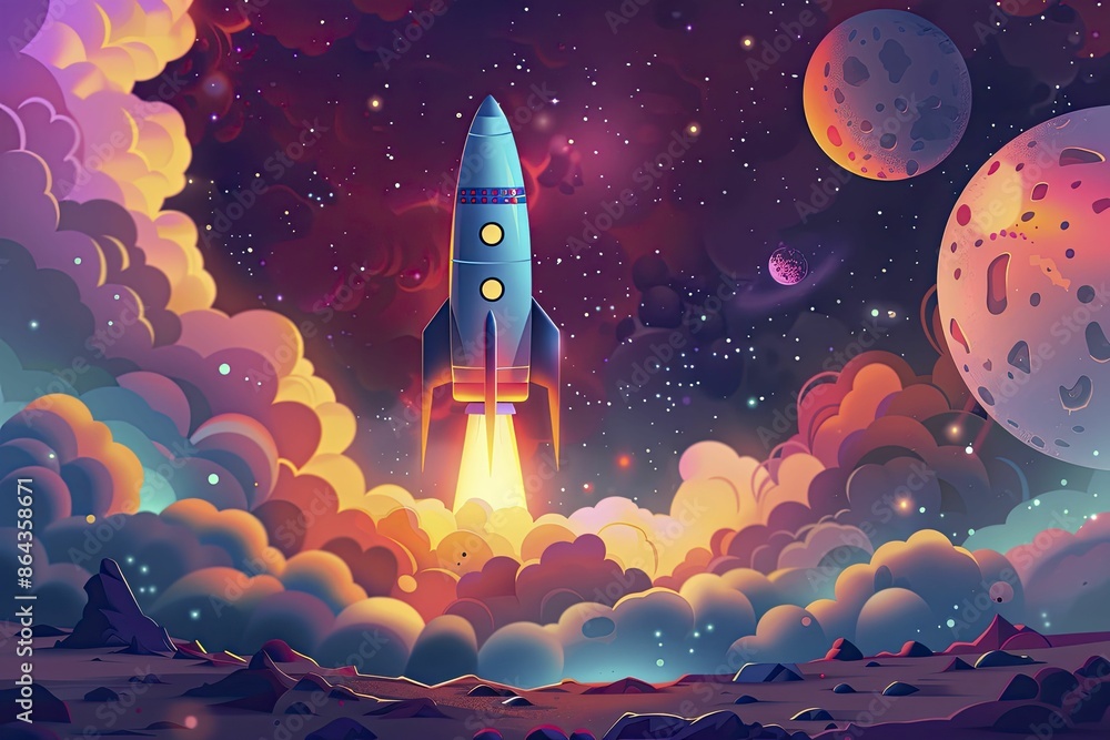 Fototapeta premium A cartoon rocket ship blasts off into space, capturing the whimsical and adventurous spirit of childhood dreams and imaginative exploration in vibrant colors.