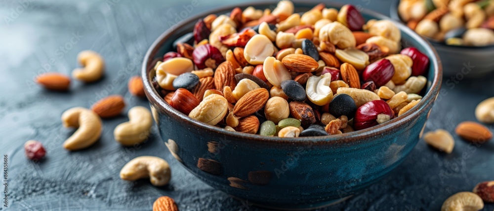 A bowl of mixed nuts and dried fruit on a blue background, Mixed nut trail mix, mixed nut trail mix, Brainboosting snack. A bowl of mixed nuts and dried fruit on a blue background, Mixed nut trail mix, mixed nut trail mix, Brainboosting snack.