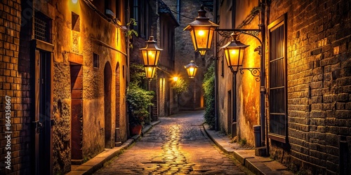Mysterious alleyway with lanterns at night , dark, narrow, alley, illuminated, lanterns, mystery, atmosphere © Woonsen
