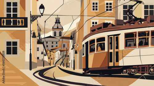 A travel vintage poster design of a urban city tram in the city Lisbon Portugal.