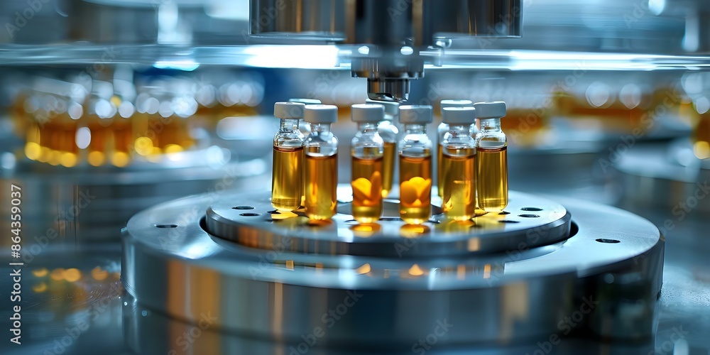 Closeup view of pharmaceutical factory producing glass ampoules filled with medication. Concept Pharmaceutical Manufacturing, Glass Ampoules, Medication Production, Factory Closeup Closeup view of pharmaceutical factory producing glass ampoules filled with medication. Concept Pharmaceutical Manufacturing, Glass Ampoules, Medication Production, Factory Closeup