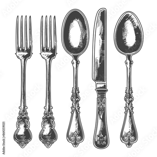 Vintage Silverware Set: Etched Forks, Spoons, and Knife on White Background.