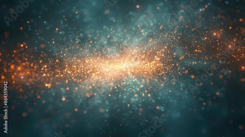 Abstract bokeh light burst with orange and blue sparkling particles in a dark space