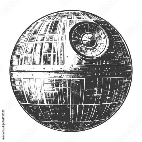 Fototapeta Naklejka Na Ścianę i Meble -  Engraved Death Star: Fictional Space Station in Monochrome, Sci-Fi Icon.