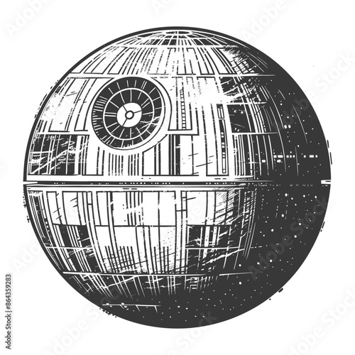 Death Star Blueprint: Detailed Engraving of Galactic Superweapon, Black and White.