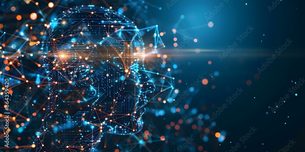Human head connected to electronic circuits depicting brain and technology integration. Concept Brain-Technology Integration, Artificial Intelligence, Human-Machine Interface Human head connected to electronic circuits depicting brain and technology integration. Concept Brain-Technology Integration, Artificial Intelligence, Human-Machine Interface