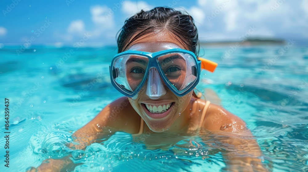 Naklejka premium A woman with a broad smile enjoys snorkeling in crystal-clear tropical waters, mirroring pure joy and the adventurous spirit of underwater exploration on vacation.