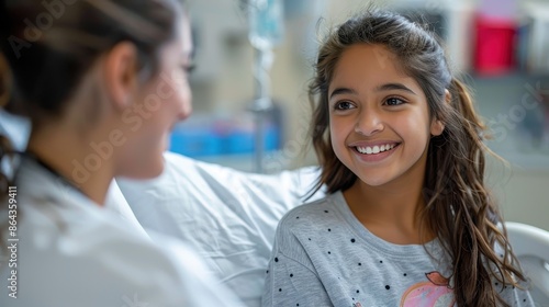 Wallpaper Mural A young patient in a hospital bed is seen smiling happily while interacting with a healthcare professional, reflecting a nurturing and positive hospital environment. Torontodigital.ca