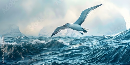 Watercolor painting of an albatross soaring above the vast open ocean. Concept Nature, Wildlife, Ocean, Albatross, Watercolor Painting photo