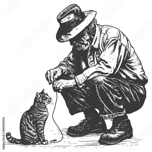 Line Art: Crouching Man with Hat and Boots Playing with Striped Cat, String.