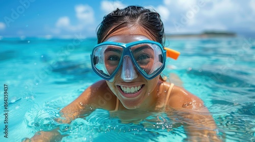 A woman with a broad smile enjoys snorkeling in crystal-clear tropical waters, mirroring pure joy and the adventurous spirit of underwater exploration on vacation. © Lens Legacy