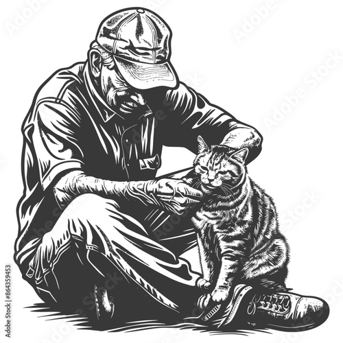 Monochrome Sketch: Old Man in Cap Stroking Tabby Cat, Affectionate Bond.