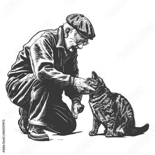 Etched Affection: Elderly Man Kneeling, Caressing Tabby Cat in Vintage Style.