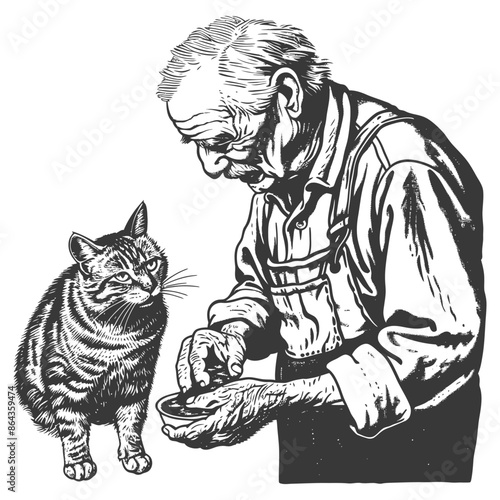 Elderly Man Sharing Food with Tabby Cat, Engraving Style Illustration