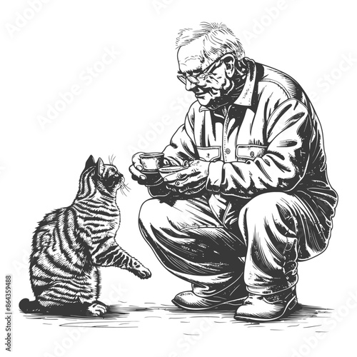 Line Art: Elderly Man Hand-Feeding Tabby Cat, Squatting Affectionately, Ink Drawing.