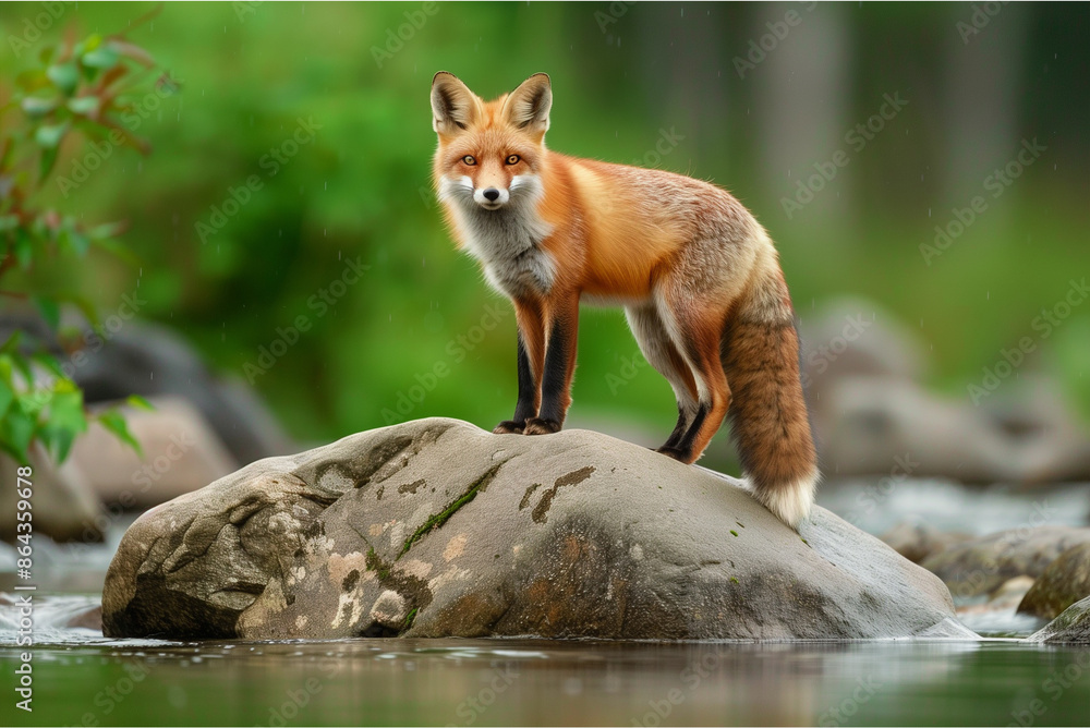 Fototapeta premium A red fox cub standing on the stone in river