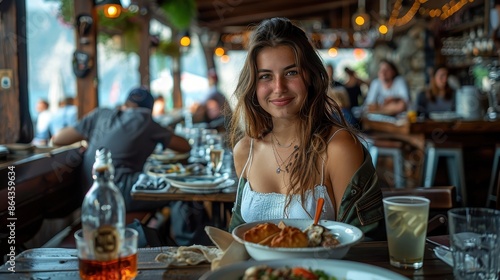 Wallpaper Mural A woman smiles while dining at a cozy restaurant, enjoying a meal amidst a warm, inviting atmosphere, reflecting social joy and culinary enjoyment. Torontodigital.ca