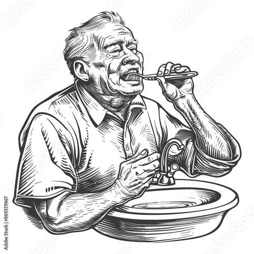 Elderly Man's Morning Ritual: Hand-Drawn Illustration of Brushing Teeth by a Ceramic Sink