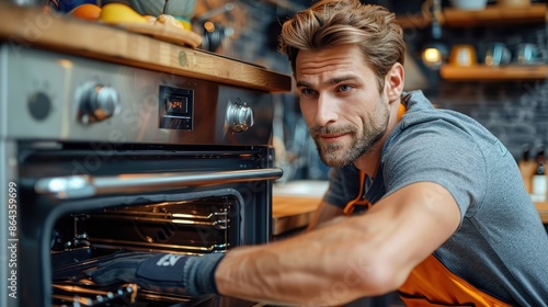 A male chef in grey attire works with serious expression, preparing the oven for cooking in a well-equipped kitchen, reflecting dedication to culinary arts. © Lens Legacy