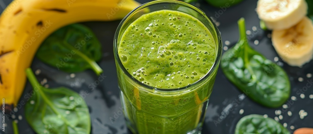 Green smoothie with banana and spinach on dark background, Almond milk smoothie with spinach and banana, almond milk smoothie, spinach, banana, Nutritious drink. Green smoothie with banana and spinach on dark background, Almond milk smoothie with spinach and banana, almond milk smoothie, spinach, banana, Nutritious drink.
