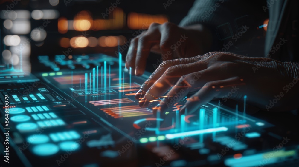 Glowing holographic keyboard illuminates financial data charts in futuristic workspace Glowing holographic keyboard illuminates financial data charts in futuristic workspace