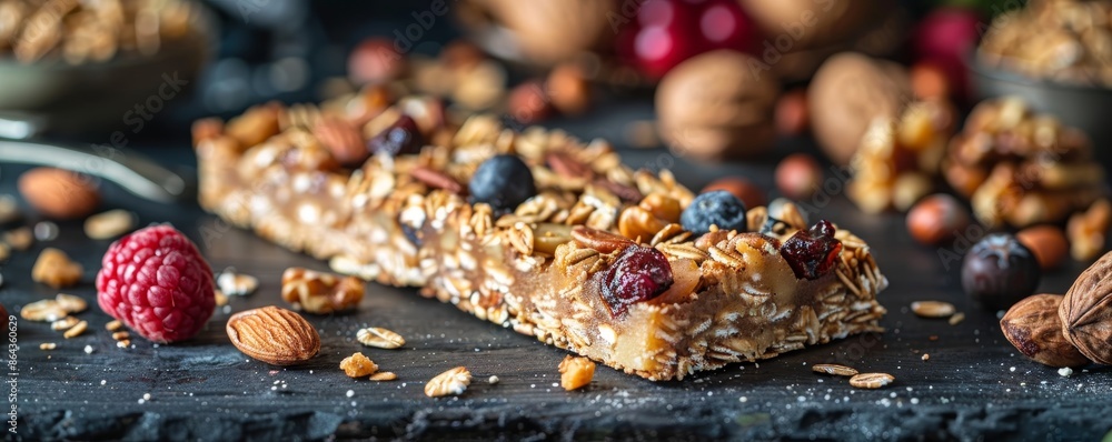 Closeup of a granola bar with berries and nuts on a black surface. Closeup of a granola bar with berries and nuts on a black surface.