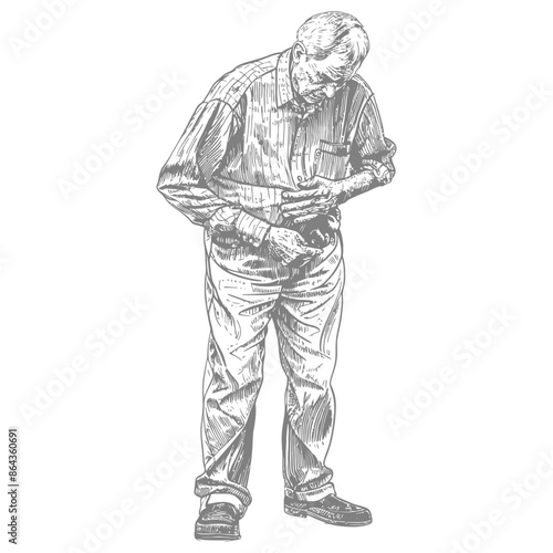 Elderly Man, Bent Over, Abdominal Pain, Hand-Drawn Illustration, Vintage Style, Light Gray.