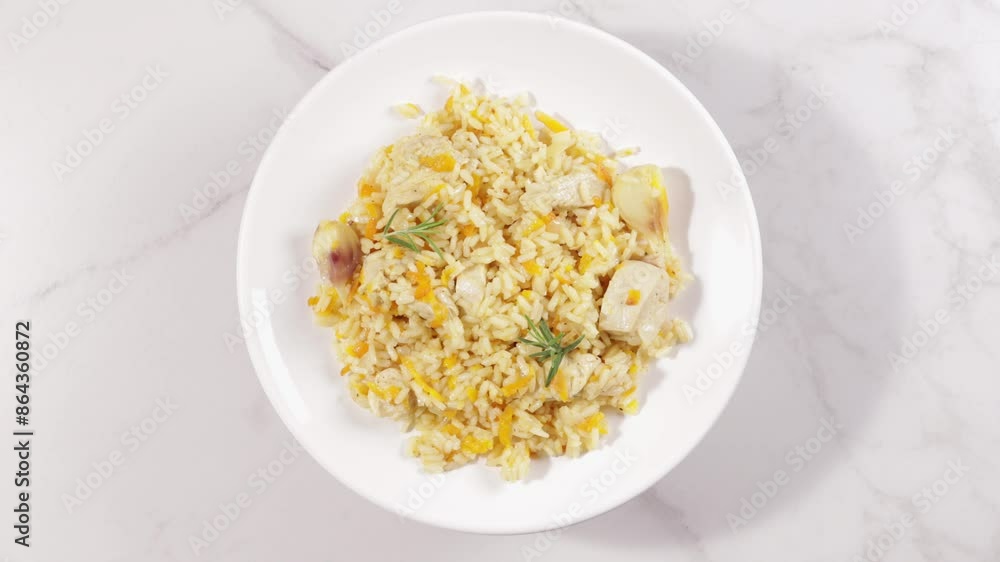 rice with chicken meat top view on white plate rice with chicken meat top view on white plate