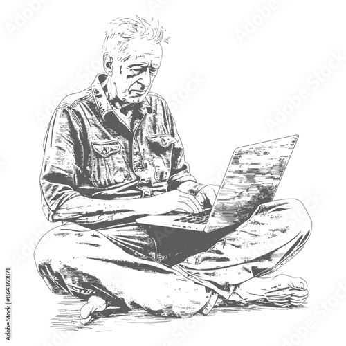 elderly man playing on laptop while sitting cross legged with engraving style