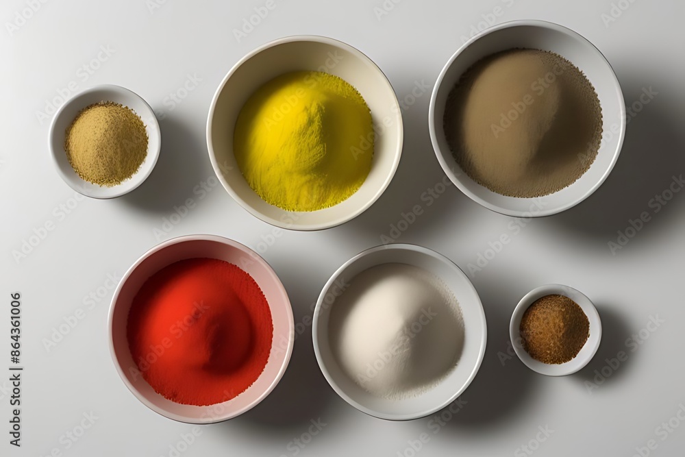 Assorted Seasonings in Cups on Wooden Table Against White Background Assorted Seasonings in Cups on Wooden Table Against White Background