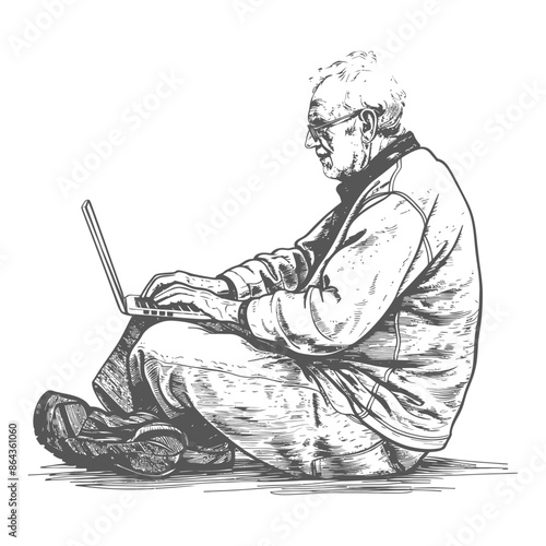 elderly man playing on laptop while sitting cross legged with engraving style