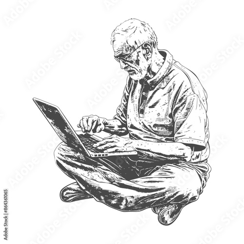 elderly man playing on laptop while sitting cross legged with engraving style