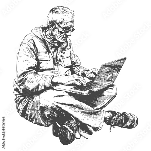 elderly man playing on laptop while sitting cross legged with engraving style