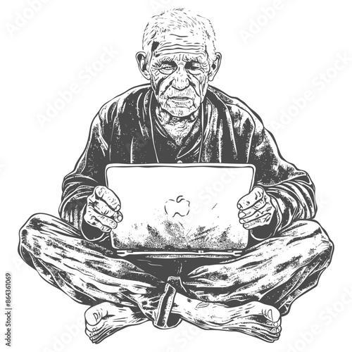 elderly man playing on laptop while sitting cross legged with engraving style