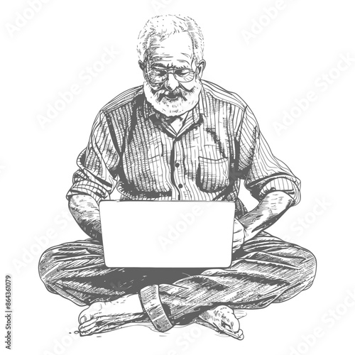 elderly man playing on laptop while sitting cross legged with engraving style