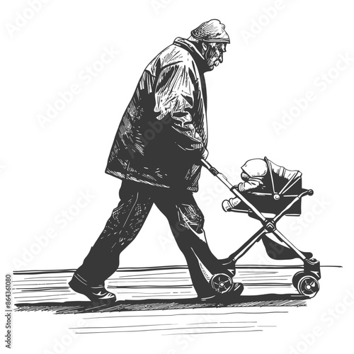 elderly man pushing a stroller across the street with engraving style