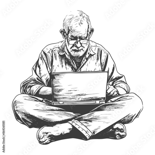 elderly man playing on laptop while sitting cross legged with engraving style