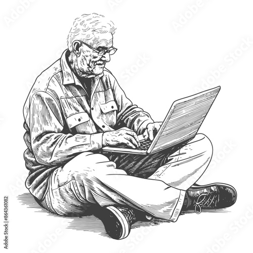 elderly man playing on laptop while sitting cross legged with engraving style