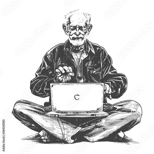 elderly man playing on laptop while sitting cross legged with engraving style