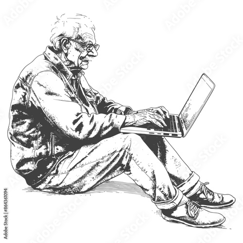 elderly man playing on laptop while sitting cross legged with engraving style