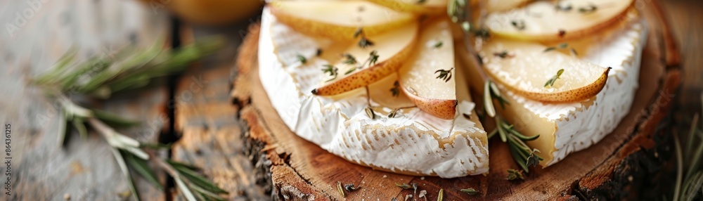 Baked brie with pear slices and rosemary on a wooden board. Baked brie with pear slices and rosemary on a wooden board.