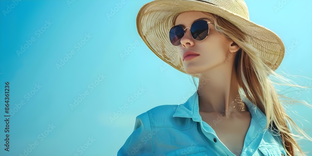 Fototapeta premium Stylish Portrait of a Blonde Fashion Model in Sunglasses, Sunhat, and Blue Shirt. Concept Fashion Photography, Portrait, Blonde Model, Sunglasses, Sunhat
