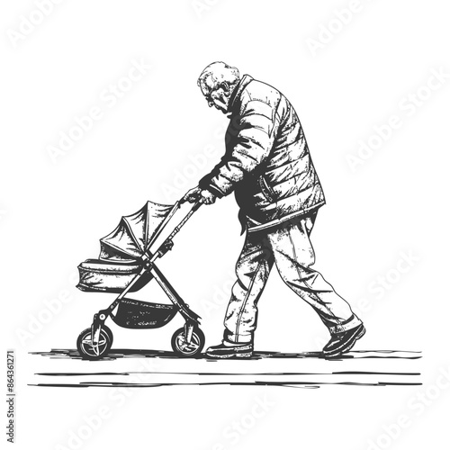 elderly man pushing a stroller across the street with engraving style
